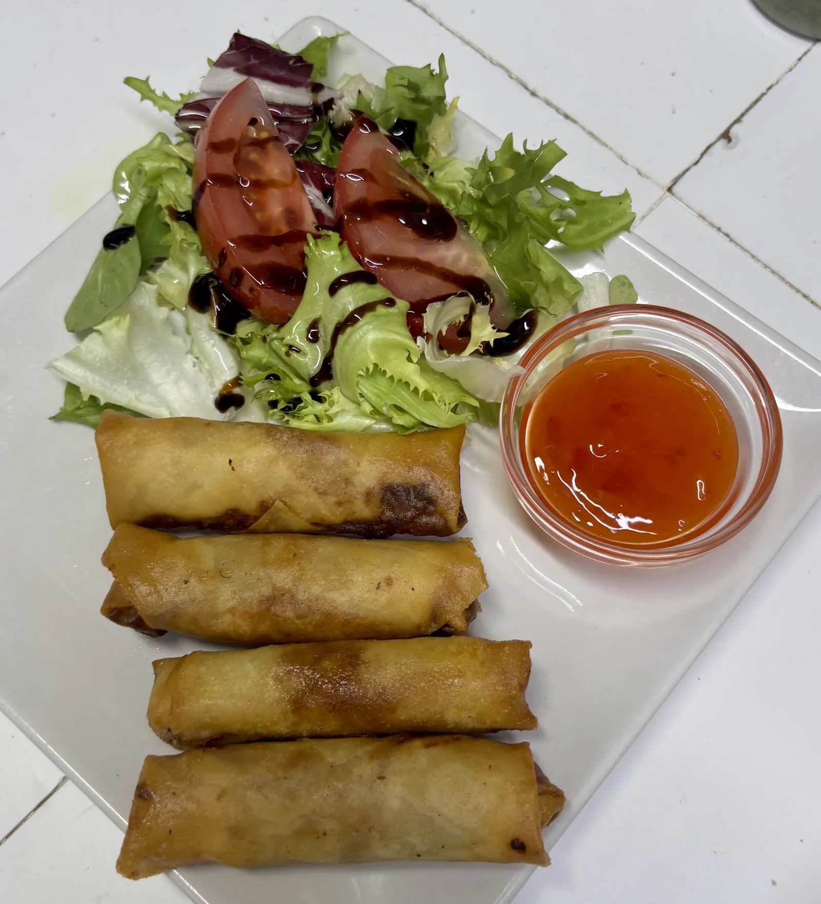 Rollitos fritos con ensalada y salsa para mojar